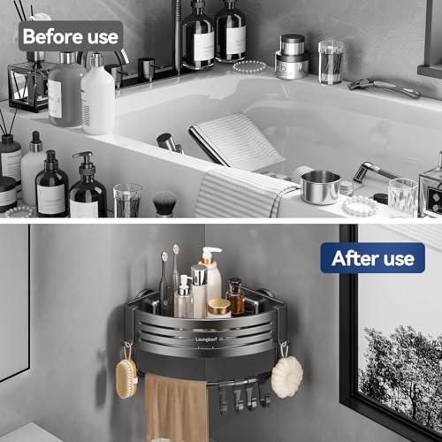 Corner Shower Caddy Suction Cup, Gray (2 Pack) | Rustproof aluminum shelf with towel bar & hooks. No-drill removable wall storage. Strong suction