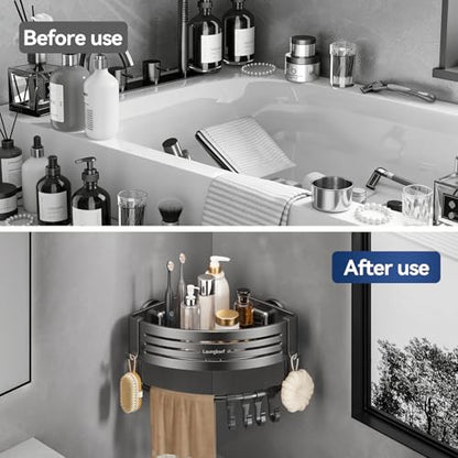 Corner Shower Caddy Suction Cup, Gray (2 Pack) | Rustproof aluminum shelf with towel bar & hooks. No-drill removable wall storage. Strong suction