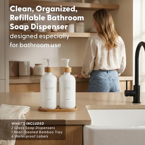 Maisonovo Soap Dispenser Set - White Soap Dispenser White Bamboo Pumps | Glass bottles for body wash, lotion, shampoo or conditioner · Sink, bathroom or countertop · Tray, 16.9 oz each - color: White Bottles White Bamboo Pumps