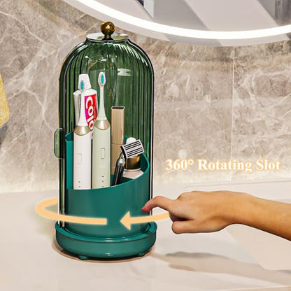 Drainable Toothbrush Toothpaste Holders with Cover, Green | Drainage Holes, Waterproof and Dustproof, 360° Rotating Base, Sliding Door, for Bathroom Counter - color: Green