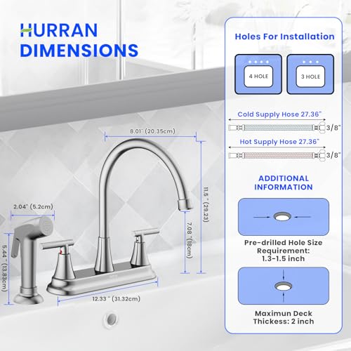 HURRAN 2-Handle Kitchen Faucet with Pull-Out Side Sprayer, 8 Inch High Arch Stainless Steel 360°Rotating Kitchen Sink Faucet, 4 Hole Faucet for Kitchen Bar Rv Camper, Nickel - color: Nickel, style: With Side Sprayer