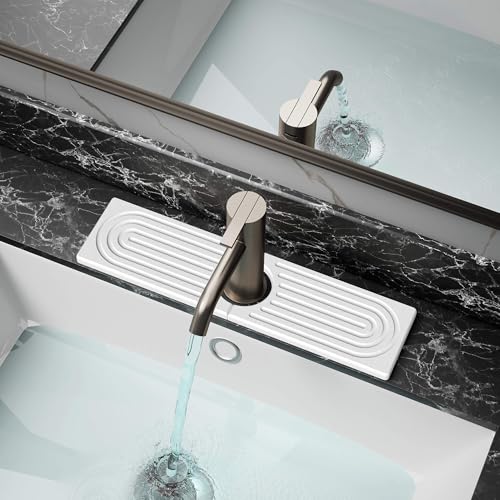 DK177 Faucet Mat for Kitchen Sink - Water Absorbing Stone Tray for Sink, Painted Wood Fast-Drying Faucet Mat, Faucet Splash Guard for Bathroom Counter (White, 15.8" x 4") - color: White, size: 15.8" x 4"