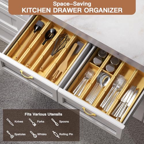 DUJEN 4 Packs Bamboo Drawer Organizer 2 pieces 12.6 * 6inches and 2 pieces 12.6 * 3.2inches, Adjustable 3 Individual Junk Drawer organizer for Bathroom and Kitchen - size: 4 pieces 12.5X3.1