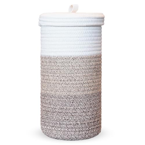 Toilet Paper Holder Handmade – Woven Cotton Toilet Paper Stand & Storage Basket with Lid, Freestanding Organizer for Bathroom, Fits 3 Mega Rolls Gradient Brown 14'' x 7'' - color: Gradient Brown