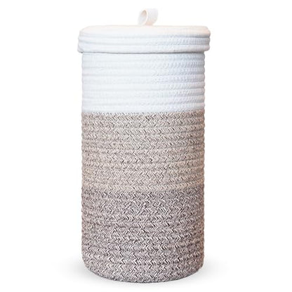 Toilet Paper Holder Handmade – Woven Cotton Toilet Paper Stand & Storage Basket with Lid, Freestanding Organizer for Bathroom, Fits 3 Mega Rolls Gradient Brown 14'' x 7'' - color: Gradient Brown
