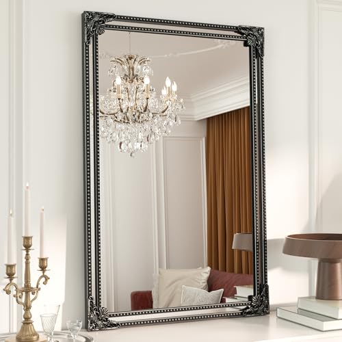 Keonjinn 24x36 Inch Black Antique Vintage Mirror, Brass Baroque Mirror | Tempered Glass, Rectangle, Traditional Mantel Decoration, Wall Decor, Hallway, Fireplace, Entryway, Living Room, Anti-Rust - color: Vintage Black, size: 36"L x 24"W