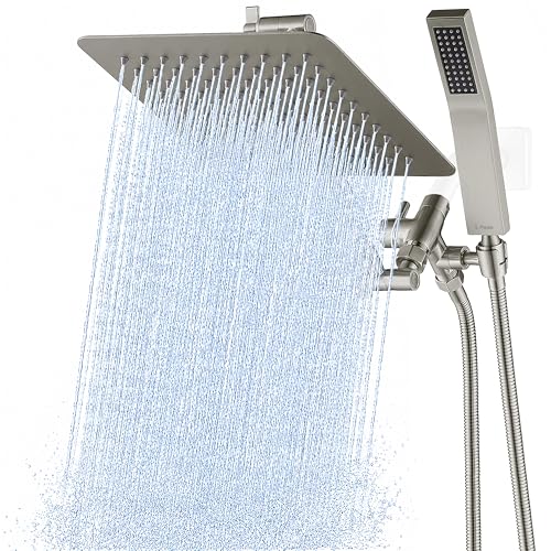 G-Promise All Metal 10" Dual Square Shower Head Combo | Rain Shower Head | Handheld Shower Wand | Adjustable | 3-Way Diverter | 71" Extra Long Hose - A Bathroom Upgrade(Brushed Nickel) | Built to Last, Easy Install, Adjustable Height & Angle for All Heigh