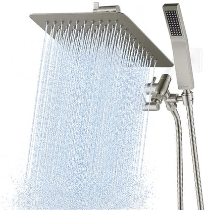 G-Promise All Metal 10" Dual Square Shower Head Combo | Rain Shower Head | Handheld Shower Wand | Adjustable | 3-Way Diverter | 71" Extra Long Hose - A Bathroom Upgrade(Brushed Nickel) | Built to Last, Easy Install, Adjustable Height & Angle for All Heigh