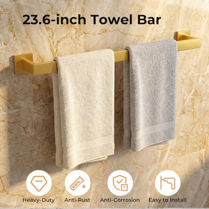5-Piece Bathroom Hardware Set, 23.6 Inch Towel Bar Set SUS304 Stainless Steel Towel Racks for Bathroom Round Towel Bar, Towel Ring, Toilet Paper Holder, 2 Robe Hooks, Wall Mounted (Brushed Gold) - color: Brushed Gold, size: 5 pack