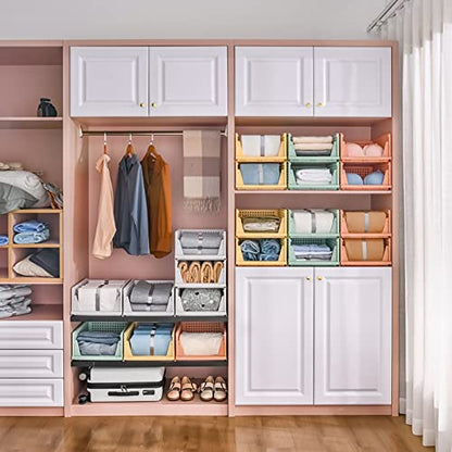4 Pack Folding Closet Organizers Storage Box, Stackable Storage Bins, Plastic Drawer Basket Closet Storage for Wardrobe Cupboard Kitchen Bathroom Office White-4L | White Stackable Plastic Drawer Bins for Closets, Wardrobes, Kitchens, Bathrooms, Offices -