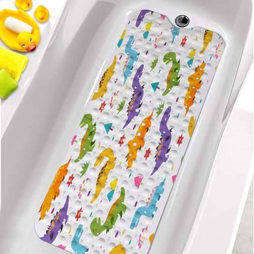 Bathtub Mats for Kids, Cartoon Dinosaur Bath Mat for Tub Non Slip, 40 X 16 Inch Large Washable Bathtub Mat Non Slip for Showers with Drain Holes and Suction Cups - color: Cartoon Dinosaur