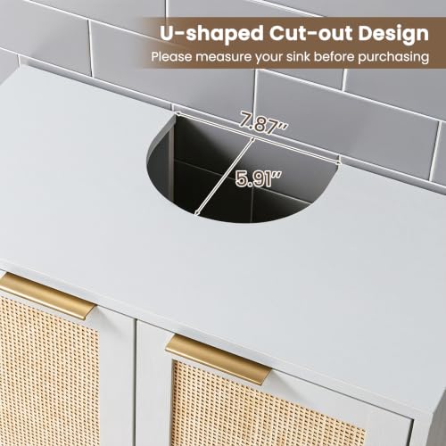 24-inch Pedestal Sink Storage Cabinet, Under Sink Cabinet (White) | U-Shaped Cut-Out | 2 Rattan Doors & Shelf | Solid Metal Legs - color: White