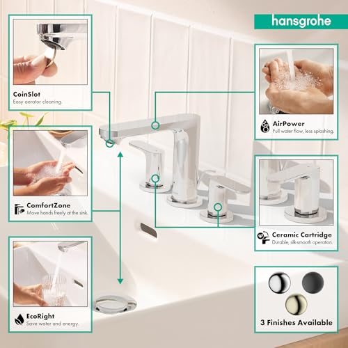 hansgrohe Rebris S Widespread Bathroom Faucet, 2-Handle, 3 Hole Bathroom Sink Faucet for Vanity with Pop-Up Drain Assembly, 1.2 GPM, Chrome, 72530001 - color: Chrome