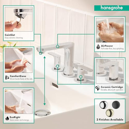 hansgrohe Rebris S Widespread Bathroom Faucet, 2-Handle, 3 Hole Bathroom Sink Faucet for Vanity with Pop-Up Drain Assembly, 1.2 GPM, Chrome, 72530001 - color: Chrome