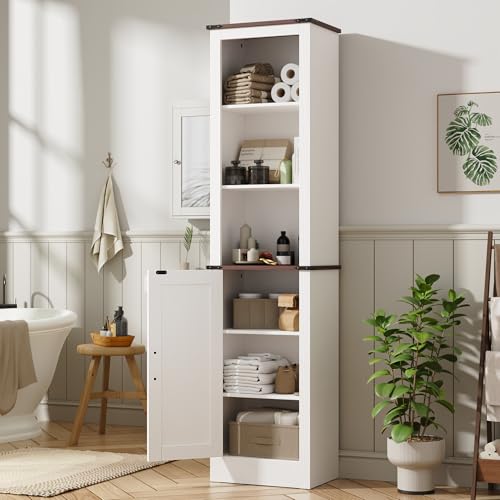 MHOM 71" Tall Bathroom Storage Cabinet, Farmhouse Storage Cabinet with Adjustable Shelves, Narrow Linen Tower Cabinet for Bathroom, Laundry, and, Living Room, White - color: White