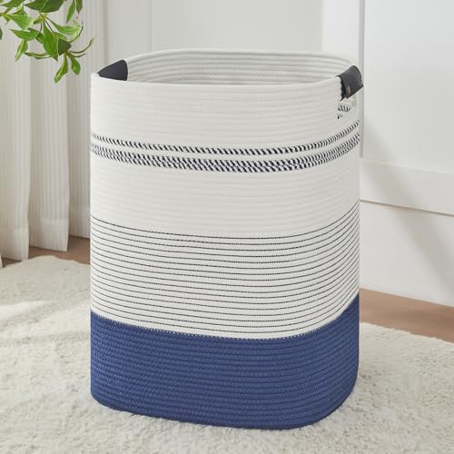AINUOQI Large Laundry Basket - Tall Woven Rope Laundry Hamper with Leather Handles - Dirty Clothes hamper for Living room, Bedroom, 17" X 13.8" X 22", Dark Blue & White - color: Dark Blue & White, size: 85L