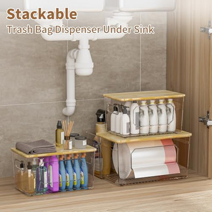 spospo Trash Bag Holder 2-in-1 Under Sink Organizer with Bamboo Lid | Acrylic Trash Bag Dispenser with Pull-Out Basket for Cleaning Supplies, Garbage Bag Holder for Kitchen Laundry Room Storage - size: 2-in-1