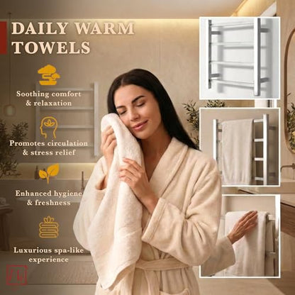 WarmlyYours Palma Heated Towel Rack, 4 Bars, Polished Steel | Wall-mounted compact electric towel warmer and dryer, plug-in or hardwired, 304 stainless steel, warms 2 towels or a robe