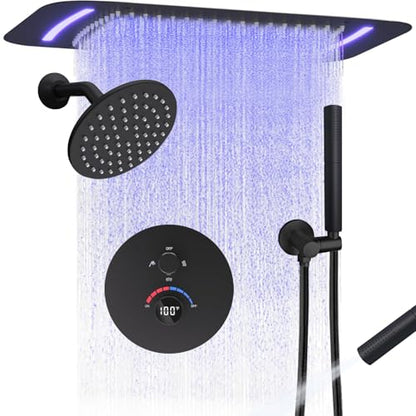 Luxury Dual Heads Digital LED Rain Shower System with Light Remote | Matte Black Temperature Display Shower Faucet: 16x26" LED Rainfall Shower, 6" Wall Mount Shower, Dual Function Handheld - color: Matte Black, style: 16x26"+6"