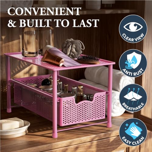 Simple Houseware Stackable Under Sink Sliding Basket Drawer, Pink | Perforated Free Standing Organizer, Kitchen/Pantry/Cabinet/Counter - color: Pink