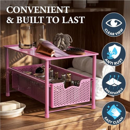 Simple Houseware Stackable Under Sink Sliding Basket Drawer, Pink | Perforated Free Standing Organizer, Kitchen/Pantry/Cabinet/Counter - color: Pink