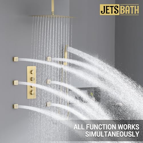 Brushed Gold Thermostatic Shower System with 6 Body Jets & 16-Inch Ceiling Rainfall Shower Head Luxury Full Body Shower Faucet with Handheld Sprayer, Shower Fixtures Set with Valve and Trim - color: Brushed Gold