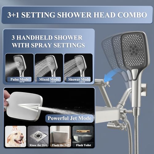 Jcrob High Pressure Wide Rain Shower Head with Handheld Spray Combo, 14 Inch Rainfall Shower Heads with Adjustable Extention Arm, Dual Waterfall Showerhead with 3-Way Diverter(Brushed Nickel) - color: Brushed Nickel, size: 14 Inch