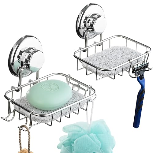 HASKO 2-Pack Suction Cup Soap Holder – Bar Soap Dish for Shower with Hooks for Bathroom – Optional Mounting with Adhesive Tape or Glue – Includes 2 Soap Savers – Stainless Steel SS304 - Silver - color: Silver (2 Pack)