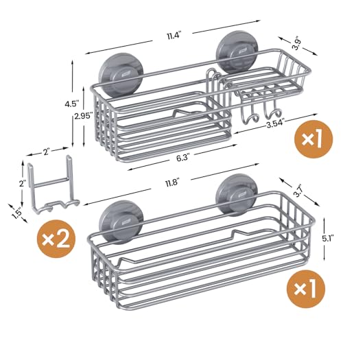 Shower Caddy Suction Cup, 2 Pack Shelves for Inside with Hooks | Grey Shower Storage, Soap Holder, Shampoo Holder, NO Drill Shower Holder, Rustproof Meatl Bathroom Basket - color: 2 X Grey