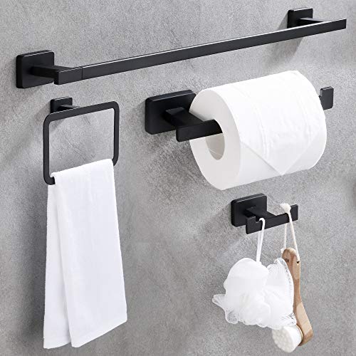 4 Piece Bathroom Hardware Accessories Set,Matt Black Stainless Steel Towel Bar Sets Wall Mounted - Includes 18" Towel Bar, Square Towel Ring, Toilet Paper Holder, Robe Towel Hook - color: Black, size: 18 inches