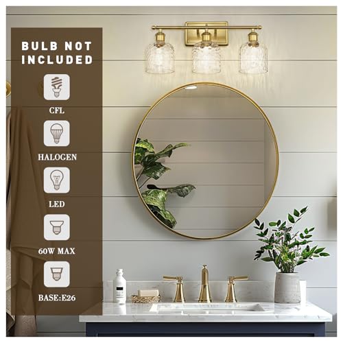 zeyu 21 Inch Bathroom Wall Sconce, 3 Light Sconces Wall Lighting Over Mirror, Brushed Gold Finish with Clear Hammered Glass, ZJF63B-3W BG - color: Brushed Gold|Hammered Glass, size: 3-Light