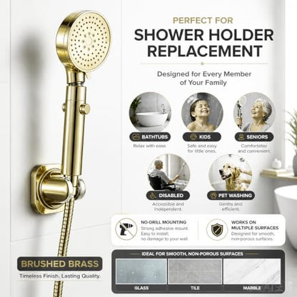 Handle held Shower Head Holder Wall Mount -Adjustable in 5 Positions - Dual Mount Option (Screw/Adhesive) - Brushed Gold - color: Brushed Gold