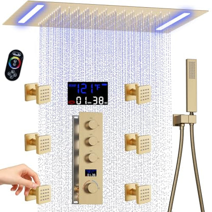 AYIVG Ceiling Mount 20x14 Inch Rainfall Shower System With 6 On Off Body Jets 3 Way Diverter Shower Faucet And Handheld Shower Heads Temperature Display Set (Brushed Gold) - color: Brushed Gold