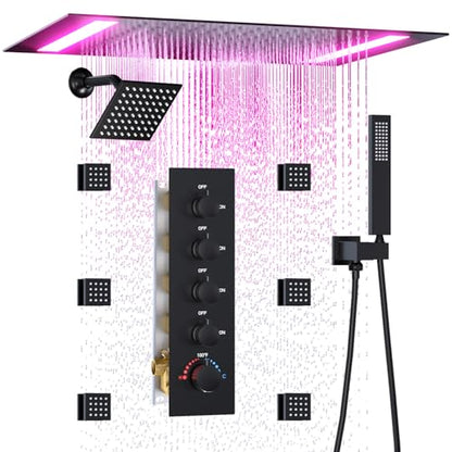 HOMEDEC 14x20inch LED Rainfall Shower System with 6" Wall Mounted Shower Head, 4 Way Thermostatic Diverter Valve, Body Sprays and Handheld, Black - color: Black, style: 4-Way + 1x 6" Top