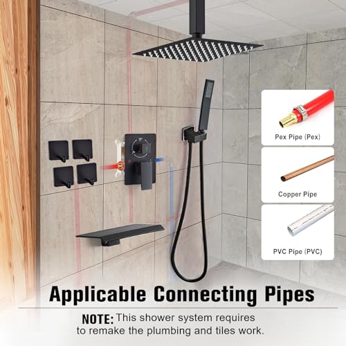 12 Inch Ceiling Mount Shower System Matte Black Rain Mixer Shower Combo Set High Pressure Rainfall Shower Head System Bathroom Luxury Shower Faucet Set Rough-in Valve and Shower Trim Included - color: Matte Black, style: 12 Inch-Update Valve