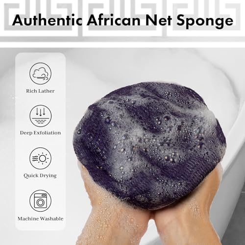 Bathway African Net Sponge Authentic with Handles (Set of 2), African Exfoliating Net Sponge, Exfoliating Body Scrubber Bath Sponge - Bathing Accessories with Storage Bag (Purple & Green) - color: Purple & Green