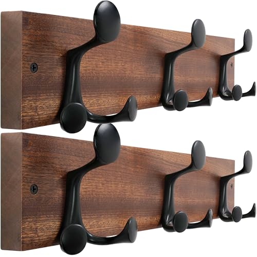 WEBI Coat Rack Wall Mount,17" Solid Wood Coat Hooks Wall Mounted Coat Hanger,16" Hole to Hole,Heavy Duty 3 Triple Hooks for Hanging Coats,Jacket,Hat,Backpack,Farmhouse,Reddish Brown,2 Packs - color: Reddish Brown, size: 17 Inch(2 Pcs)