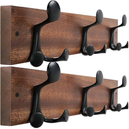 WEBI Coat Rack Wall Mount,17" Solid Wood Coat Hooks Wall Mounted Coat Hanger,16" Hole to Hole,Heavy Duty 3 Triple Hooks for Hanging Coats,Jacket,Hat,Backpack,Farmhouse,Reddish Brown,2 Packs - color: Reddish Brown, size: 17 Inch(2 Pcs)