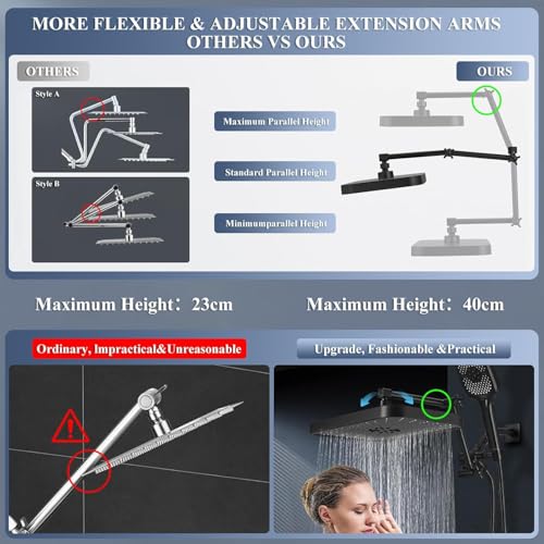14 Inch Large Shower Head with Handheld Spray Combo and Extention Arm, Rain Rainfall Waterfall High Pressure Shower Heads, Modern Showerhead with 3-Way Diverter - Height/Angle Adjustable(Matte Black) - color: Black, size: 14 Inch