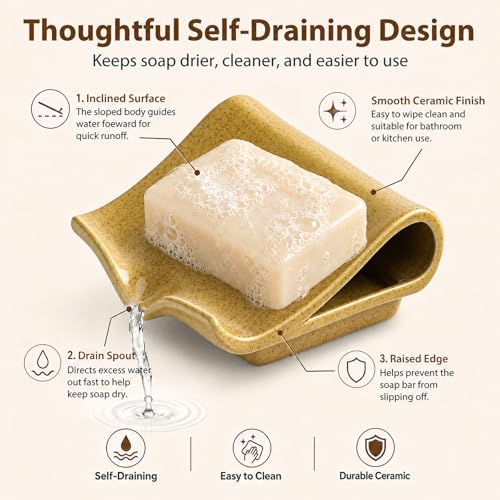 Zoeeker Ceramic Soap Dish for Shower, Bar Soap Holder with Drain Spout | Self Draining Soap Saver for Bathroom Kitchen Sink Bathtub, Sponge Holder, Waterfall Drying Tray Extends Soap Life, Yellow - color: Yellow