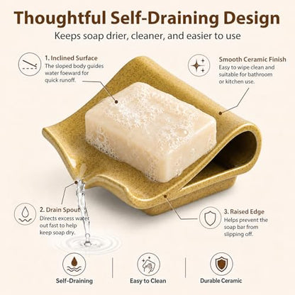 Zoeeker Ceramic Soap Dish for Shower, Bar Soap Holder with Drain Spout | Self Draining Soap Saver for Bathroom Kitchen Sink Bathtub, Sponge Holder, Waterfall Drying Tray Extends Soap Life, Yellow - color: Yellow