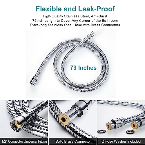 GwernKB Handheld Shower Head with ON OFF Switch & 79in Stainless Steel Hose | Built-in Power Spray,7-Setting High Pressure Spray with Bracket & Extra No Drilling Wall Shower Holder for Lower Mount,Silver - color: Silver