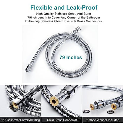 GwernKB Handheld Shower Head with ON OFF Switch & 79in Stainless Steel Hose | Built-in Power Spray,7-Setting High Pressure Spray with Bracket & Extra No Drilling Wall Shower Holder for Lower Mount,Silver - color: Silver