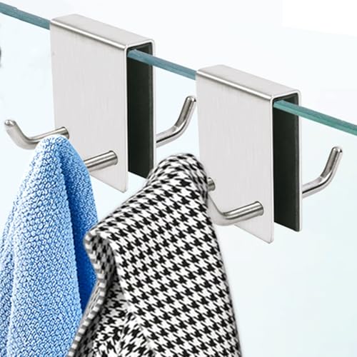 EAEDMY Shower Door Hooks, Over Glass Towel Hooks for Bathroom, Suit for Frameless Glass Shower Door 0.43in (<11mm), Stainless Steel, Drilling-Free, 2 Pack (2Pack Silvery) - color: 2Pack Silvery