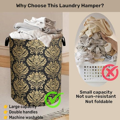 Gold Black Damask Flowers Laundry Basket - Extra Large Foldable Washable Laundry Hamper with Handles, Storage Bin for Bathroom/Laundry/Bedroom/Dorm - color: Golden Damask Flowers