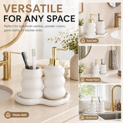 3-Piece Ceramic Bathroom Accessories Set with Sand Point Glaze Design - Tray, Lotion Dispenser, and Tumbler - Bring Nature to Your Bath - color: Beige