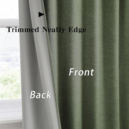 RAIN CITY Dark Olive Green Blackout Curtains Linen 63 Inches Long 2 Panels Set, Back Tab Pleated Look Thermal Insulated Curtains & Drapes for Living Room - Loden/Olive Forest W50 x L63 | Back Tab Thermal Insulated Linen Light Blocking Curtains & Drapes fo