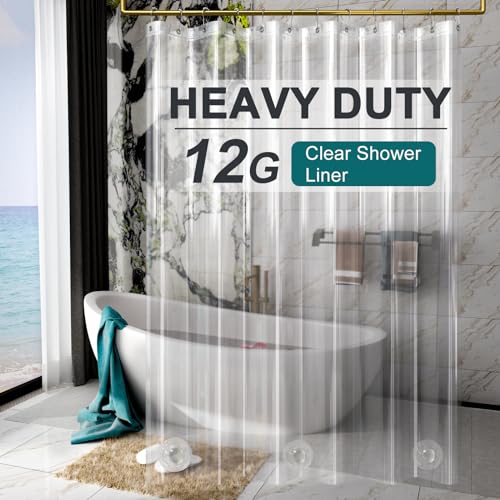 AmazerBath Heavy Duty Shower Curtain Liner 12 Gauge, 72 x 96 Inches Clear Shower Curtain Liner with 3 Clear Stones and 12 Grommet Holes, Weighted Plastic Shower Liner - size: 72"W x 96"L (Pack of 1)
