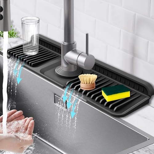 17.7-Inch Kitchen Sink Splash Guard Mat | 7° Slope for Fast Self-Draining | Snap-Lock Design | Universal & Cuttable Silicone - color: Black, size: 17.7" x 5.5"