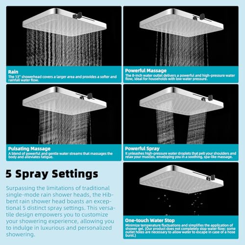 Hibbent 5 Spray Modes Shower Head, 13'' High Pressure Rain Shower Head, Large Rainfall Showerhead for Bathroom, High Flow Waterfall Fixed Showerheads with Adjustable Swivel Ball Joint, Silver - color: Silver, style: Square 13''